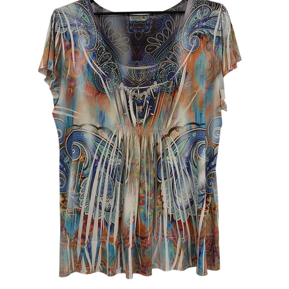 Unity World Wear Boho Sequin Top Sz 3X Y2K Paisley Festival Southwest Hippie